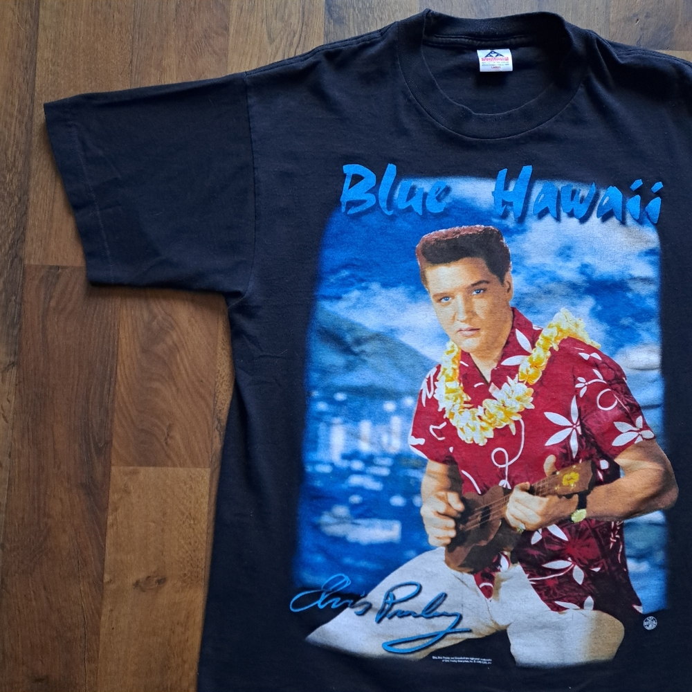 Vintage Elvis Blue Hawaii t-shirt, men's size Large, 1998, black blue red, EUC - Picture 9 of 17